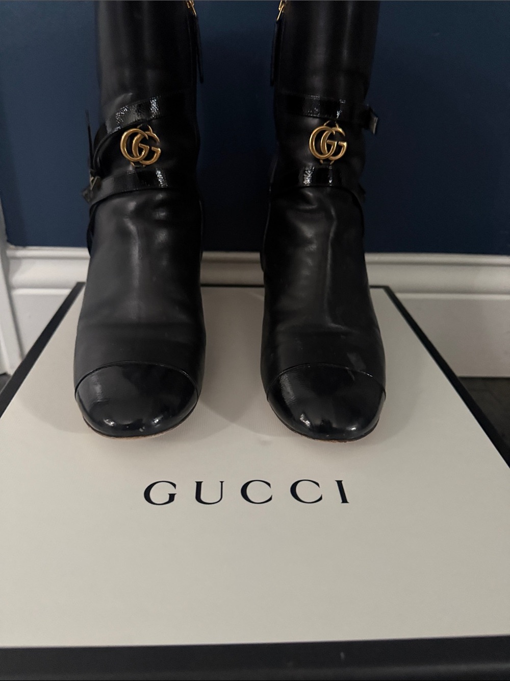 Gucci Black Leather Mid-Calf Boots with Gold Double G Hardware
